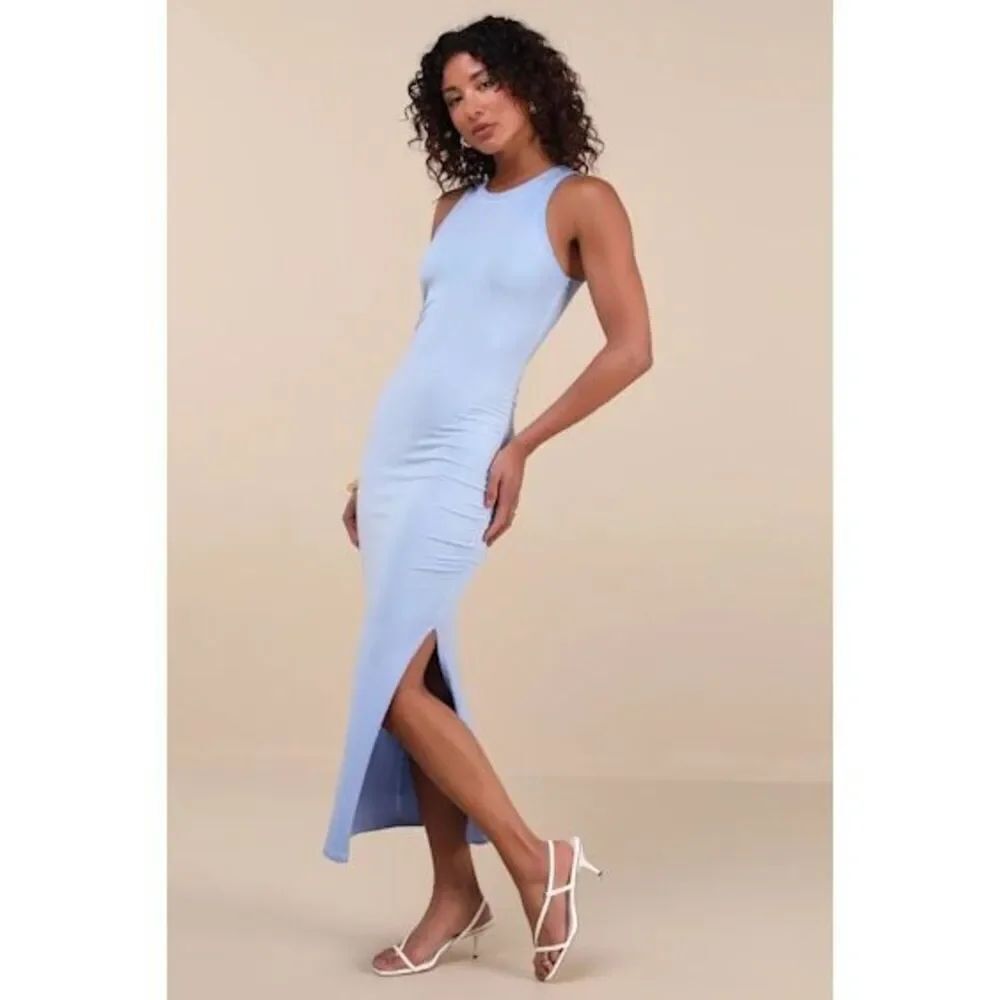 Lulus Lavina Light Blue Jersey Knit Bodycon Midi Dress size large